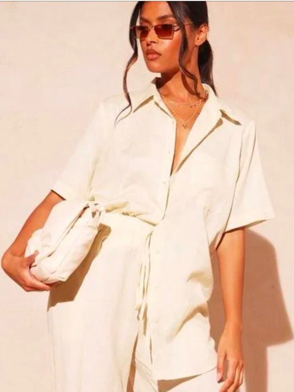 PrettyLittleThing Ivory Stone Linen Look Oversized Boxy Shirt Size 8 NWT